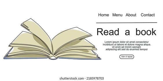 book with continuous one line drawing. Illustration of educational supplies back to school theme for website landing page. Order a banner for one line drawing.