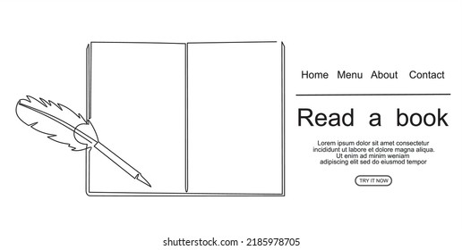 book with continuous one line drawing. Illustration of educational supplies back to school theme for website landing page. Order a banner for one line drawing.