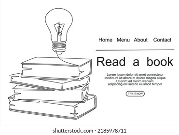book with continuous one line drawing. Illustration of educational supplies back to school theme for website landing page. Order a banner for one line drawing.