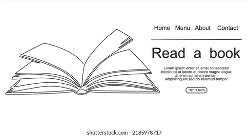 book with continuous one line drawing. Illustration of educational supplies back to school theme for website landing page. Order a banner for one line drawing.