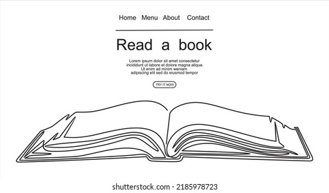 book with continuous one line drawing. Illustration of educational supplies back to school theme for website landing page. Order a banner for one line drawing.