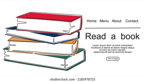 libro con dibujo continuo de una línea. Ilustración de los suministros educativos de vuelta al tema escolar para la página de inicio del sitio web. Solicitar un cartel para un dibujo de línea.