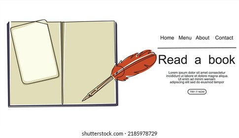 book with continuous one line drawing. Illustration of educational supplies back to school theme for website landing page. Order a banner for one line drawing.