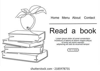 book with continuous one line drawing. Illustration of educational supplies back to school theme for website landing page. Order a banner for one line drawing.