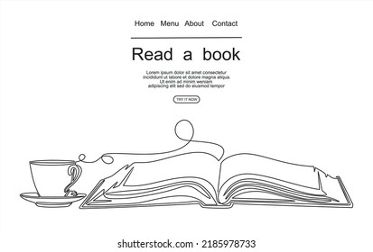 book with continuous one line drawing. Illustration of educational supplies back to school theme for website landing page. Order a banner for one line drawing.