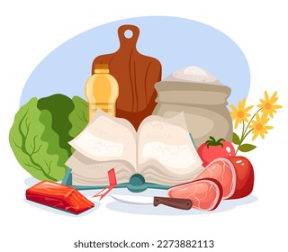 Book cook food cookbook recipe ingredients composition concept. Vector graphic design illustration