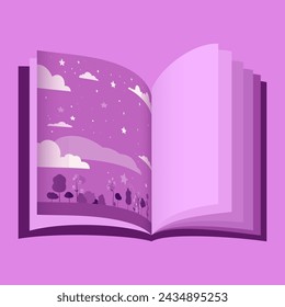 A book with a cosmic illustration of the sky with stars and clouds. Vector illustration