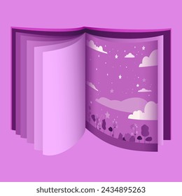 A book with a cosmic illustration of the sky with stars and clouds. Vector illustration