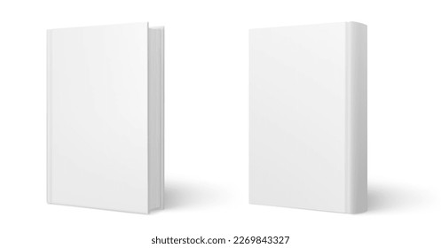 Portada del libro blanco blanco en blanco maquillaje vertical. Modelo de plantilla de libro en blanco. Cubierta de libro vacía diferentes vistas aisladas en fondo blanco - vector de stock.