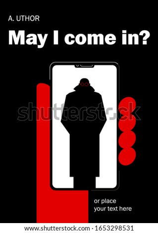Book cover creative concept. Hand holding smarphone with misterious man wearing. Fiction or non-fiction genre. Mid century style design. Applicable for books, posters, placards etc. 