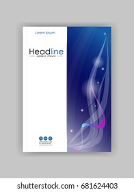Book cover design A4 with blue abstract lines, strings and circles. Good for publications journals, portfolio, monographs and magazines. Vector.