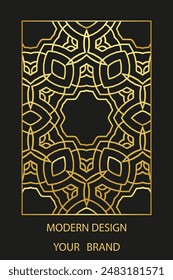 Book cover design, abstract vertical template. Black background with geometric stained glass gold pattern in frame. Place for text. Ethnic ornaments of the East, Asia, India, Mexico, Aztec, Peru.