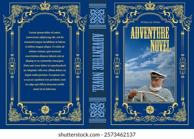 Book cover design for an adventure novel, featuring an experienced sailor manning the helm of a ship, with ornate vintage frame