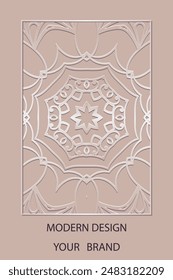 Book cover design, artistic vertical template. Luxurious satin background with geometric stained glass pattern in frame. Place for text. Ethnic ornaments of the East, Asia, India, Mexico, Aztec, Peru.
