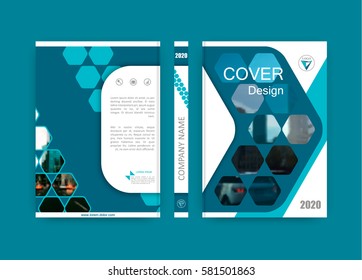 Book cover design. Brochure title sheet. Abstract composition with image. Blue green, turquoise colored geometric shapes. Set of A4 interesting vector illustration. Creative.