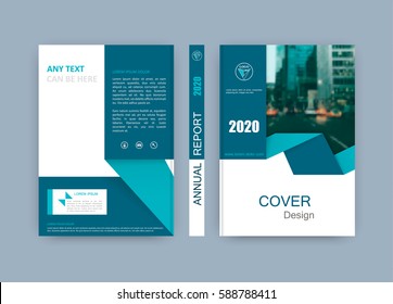 Book cover design. Brochure title sheet. Abstract composition with image. Blue green, turquoise colored geometric shapes. Set of A4 interesting vector illustration. Minimalistic style. Creative.