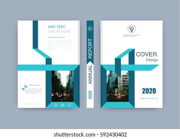 Book cover design. Brochure title sheet. Abstract composition with image. Blue green, turquoise colored geometric shapes. Set of A4 interesting vector illustration. Minimalistic style. Creative.