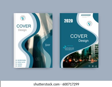 Book cover design. Brochure title sheet. Abstract composition with image. Blue green, turquoise colored geometric shapes. Set of A4 interesting vector illustration. Minimalistic style. Creative.