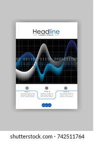 Book cover design with colourful waves and numbers. A4 template with glowing diagram. Good for annual report, conference, journal, book, banner, flyer, business report. Vector.