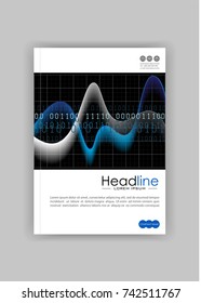 Book cover design with colourful waves and numbers. A4 template with glowing diagram. Good for annual report, conference, journal, book, banner, flyer, business report. Vector.
