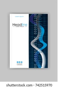 Book cover design with colourful waves and numbers. A4 template with glowing diagram. Good for annual report, conference, journal, book, banner, flyer, business report. Vector.