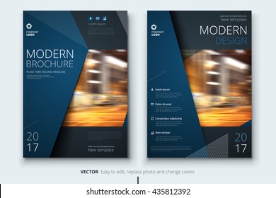 Book cover design. Corporate business template for brochure, annual report, catalog, magazine. Layout with modern blue elements and urban style photo. Creative poster, booklet, flyer or banner concept
