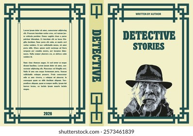 Book cover design for detective stories, featuring portrait of smoking detective wearing hat, with decorative frame and title.