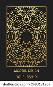 Book cover design, elegant vertical template. Black background with geometric stained glass gold pattern in frame. Place for text. Ethnic ornaments of the East, Asia, India, Mexico, Aztec, Peru.