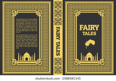 Book cover design for fairy tales with gold borders, taj mahal silhouette, and feather, evoking a sense of magic and wonder