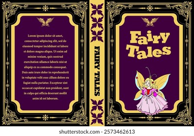 Book cover design featuring fairy character, ornate frame, and title for children's storybook