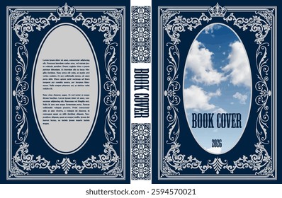 Book cover design featuring an ornate frame, sky background, and crown, perfect for literature, novels, or historical publications