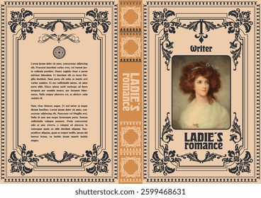 Book cover design featuring a portrait of a redheaded woman writer and ornate vintage elements, evoking a classic romantic novel. Hand drawn illustration