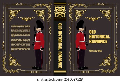 Book cover design featuring two royal guards, golden frame and decorative elements, perfect for historical romance novels