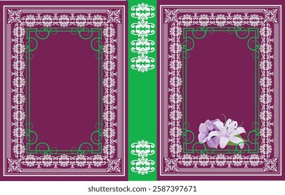 Book cover design featuring two empty frames, purple background, adorned with flowers and elegant ornaments, ideal for customizable template. Hand drawn Illustration