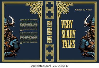 Book cover design featuring a viking warrior guarding a book of very scary tales, perfect for fantasy and horror literature