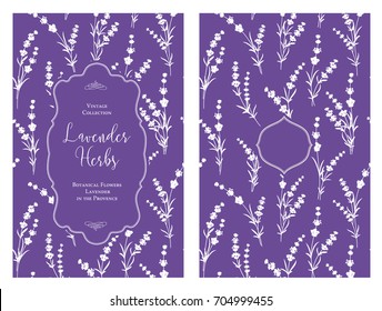 The book cover design with floral elements. Botanical book cover with lavender flower pattern. Calligraphic text - Lavender Herbs. Decorative frame or border for covers. Vector illustration.