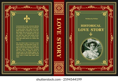 Book cover design for a historical love story, featuring an elegant woman portrait, ornate frame, and classic typography