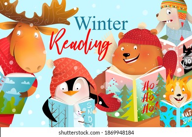 Book cover design for kids, animals reading winter Christmas fairy tales or study. Education and library illustrated smart characters for children. Vector cartoon in watercolor style.