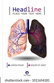 Book cover design low poly realistic human lungs and bronchus with cancer inflammation disease. Smoker's lungs banner, brochure, flyer, poster. Vector.