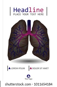 Book cover design low poly realistic human lungs and bronchus with cancer inflammation disease. Smoker's lungs banner, brochure, flyer, poster. Vector.