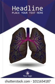 Book cover design low poly realistic human lungs and bronchus with cancer inflammation disease. Smoker's lungs banner, brochure, flyer, poster. Vector.