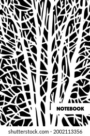  Diseño de portada de libros. Portátil para la universidad, un cuaderno escolar.  Ilustración vectorial. Siluetas negras de árboles en un fondo blanco. Bosque de invierno. Bosque de verano. 