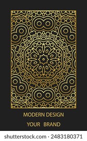 Book cover design, original vertical template. Black background with geometric stained glass gold pattern in frame. Place for text. Ethnic ornaments of the East, Asia, India, Mexico, Aztec, Peru.