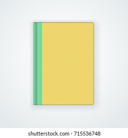 Book cover design for print with yellow striped background and green spine. Vector illustration of realistic simple hardcovored book, template for design, promotion, banners and posters.