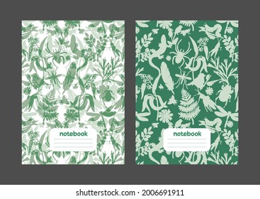 Book cover design. A school notebook. Vector illustration. A pattern with plants and insects. Green and white isolated background.