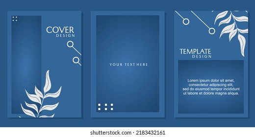 conjunto de diseño de portada de libro.fondo azul con elementos de hoja dibujados a mano. ilustración vectorial