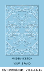 Book cover design, stylish vertical template. Blue satin background with geometric stained glass pattern in frame. Place for text. Ethnic ornaments of the East, Asia, India, Mexico, Aztec, Peru.