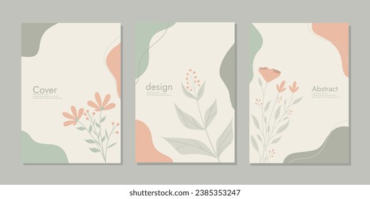 Book Cover Design Template in A4 with hand drawn floral decorations. abstract boho botanical background For book, binder, diary, planner, brochure, notebook, catalog