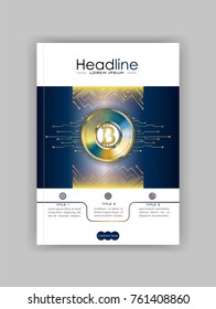 Book cover design template with bitcoin and futuristic technology lines. Good for banner, journal, annual report, conference. Vector. 