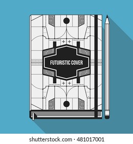 Book cover design template. Notebook mockup. Geometric futuristic elements.